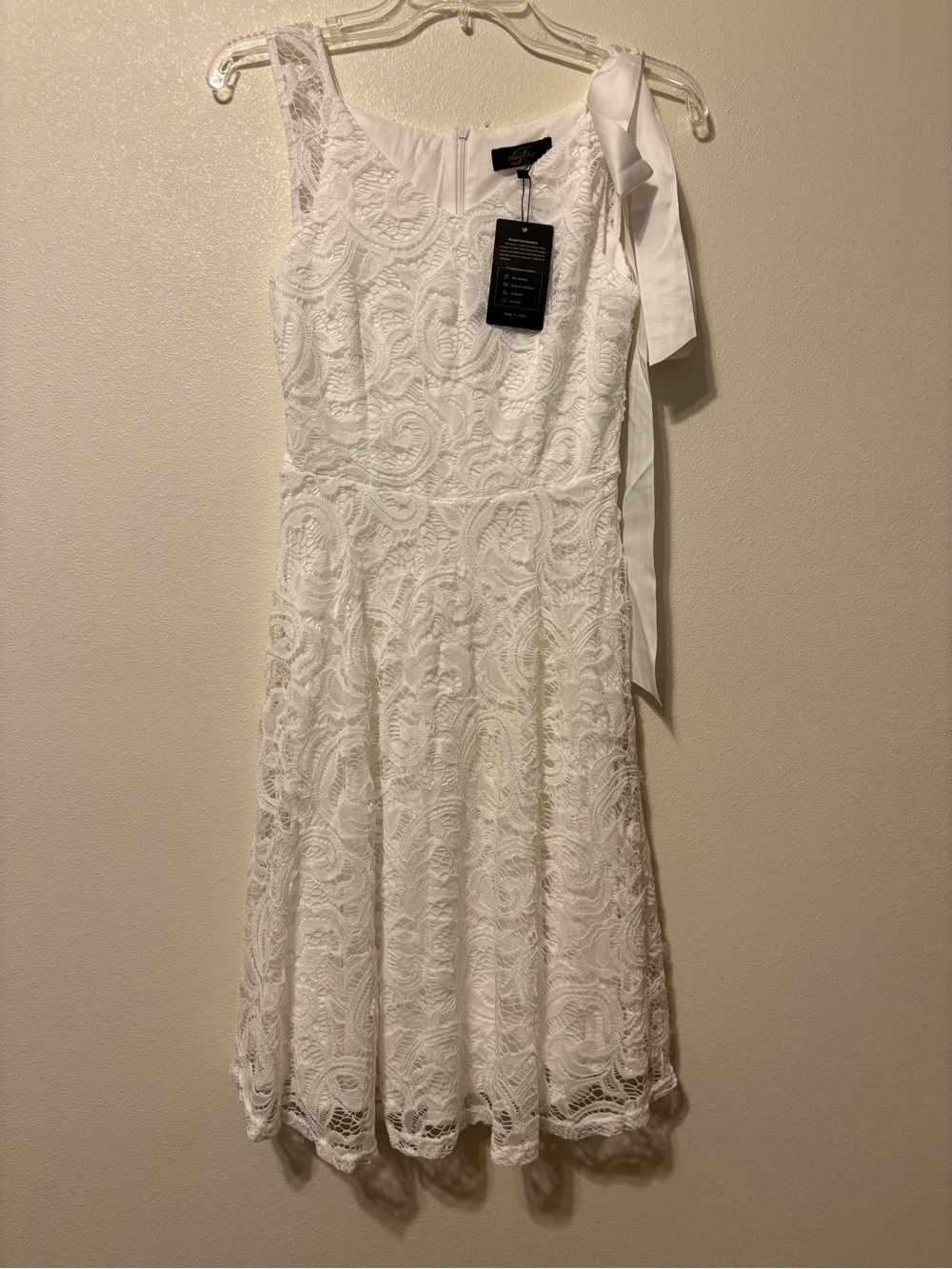 Sleeveless White Lace A-Line Dress with Satin waist belt